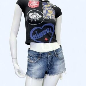 Vintage y2k diesel low rise micro denim cut‎ off shorts, womens 25, frayed hem